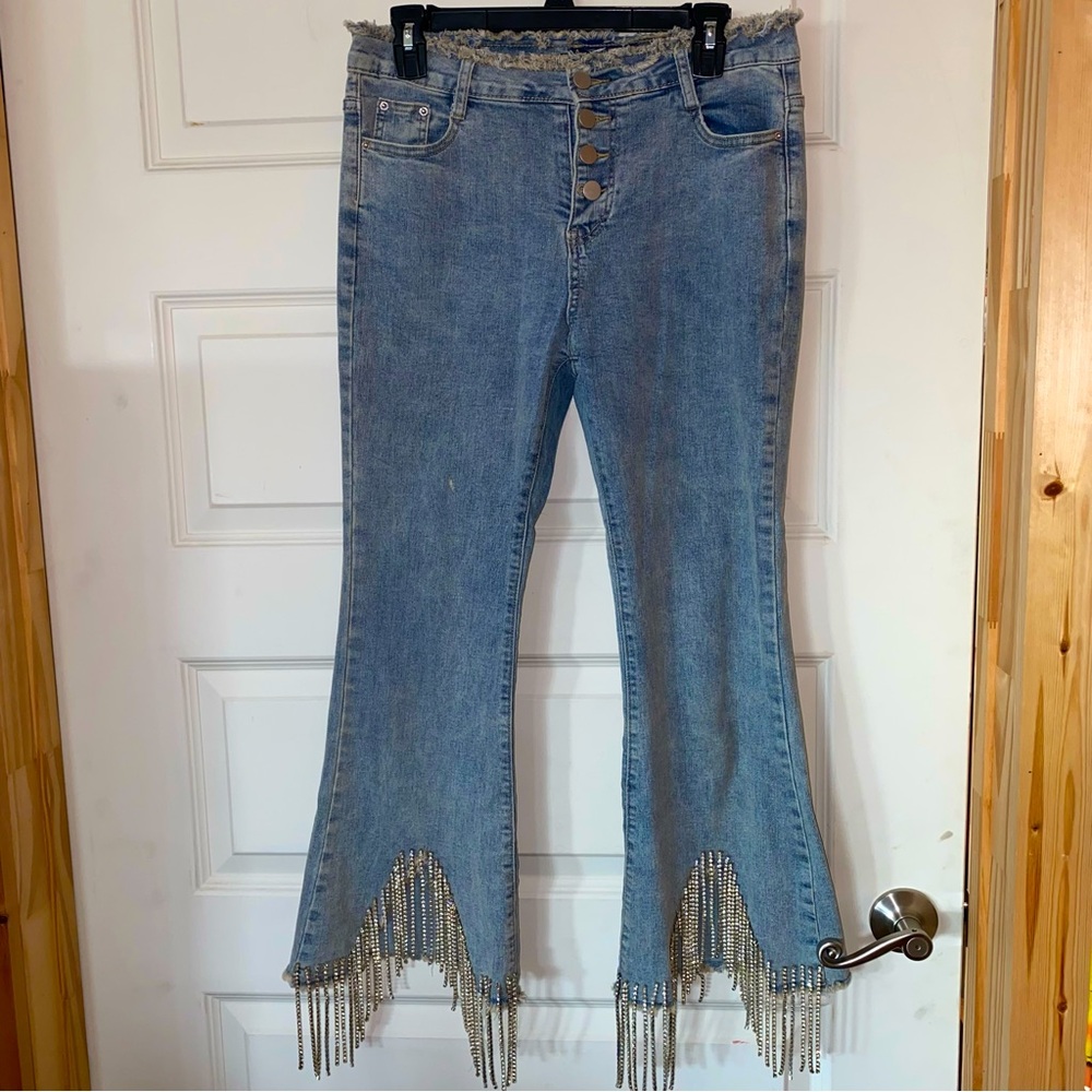 Blue B brand light blue wash denim rhinestone fringe jeans size large